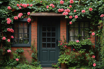 Brick Cottage Doorway Adorned With Climbing Roses