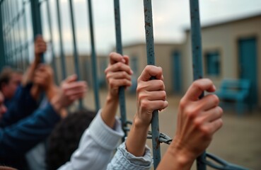 Refugees grasp metal fence bars in refugee camp. Desperate people try to escape, perhaps demand change. Camp buildings blur in background, confinement. Image captures human struggle, need for