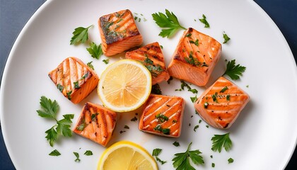 grilled salmon cubes garnished with parsley and lemon wedges served on a white plate flat lay food photography