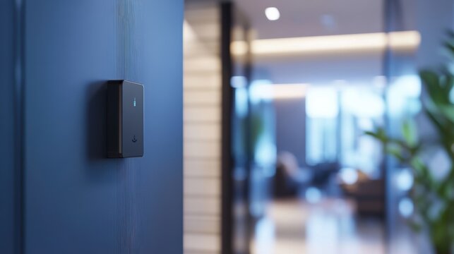 Modern access control system with nfc sensor lighting up on a blue wall in a blurred office environment, enhancing security and convenience