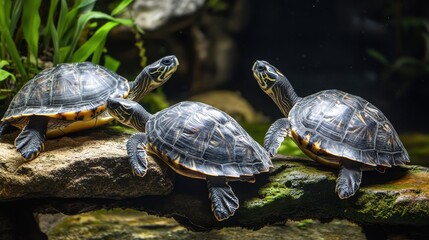 Fototapeta premium Graceful turtles resting on rocks in a tranquil underwater habitat surrounded by lush greenery