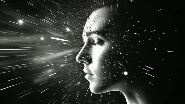 A monochrome representation of a human face shattering into fine particles, the fragments forming a starry field, symbolizing the connection between consciousness and the universe