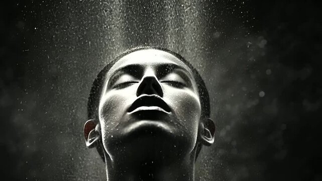 A monochromatic human face dissolves upward into delicate dust motes, merging with an otherworldly gradient sky of light and shadow