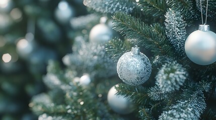 A Christmas tree with rich green foliage, adorned with frosty white and silver decorations