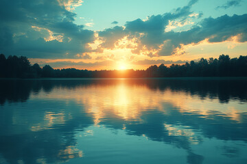 Obraz premium Serene Sunset Over Calm Lake Water Trees