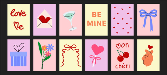 Romantic vector illustration set for Valentine's Day cards and gifts. Ideal for creating greeting cards, stickers, prints, or digital designs. 