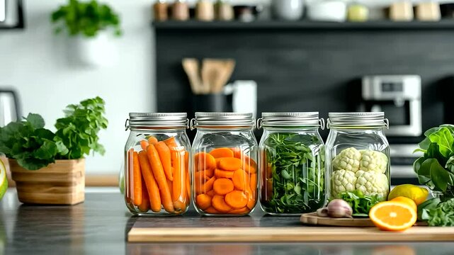 An elegant kitchen counter with neat rows of jars containing fermented carrots and cauliflower, labeled and arranged with leafy greens and citrus slices