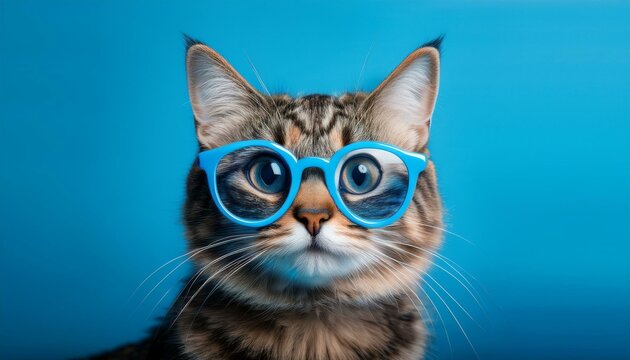 a fluffy tabby cat with striking blue glasses displays a comical wide eyed expression against a bright blue background perfect for playful designs pet related content humorous posters