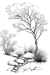 Obraz premium Detailed black and white sketch of a tree and rocky landscape with grasses and shrubs.
