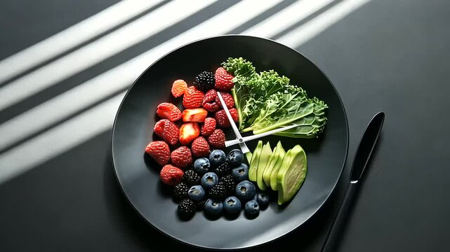 A modern dining setup featuring a plate with colorful superfoods like berries and kale, with a clock shadow projected on the table, symbolizing meal schedules