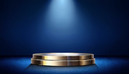 metallic podium under spotlight against sophisticated navy blue background for luxury product presentation