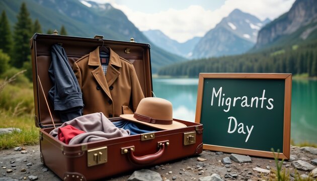 Open suitcase with warm clothes coat and hat. Message on chalkboard says Migrants Day. Suitcase is by the lake with mountains in background. Travel or migration concept.