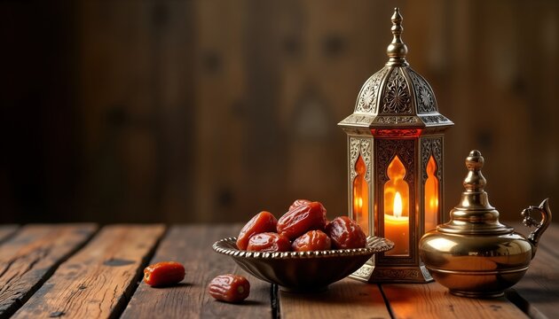 Ramadan decorative items on wooden surface. Ornate lantern with lit candle. Bowl full of dates. Traditional islamic decor. Festive atmosphere. Religious symbolism for holy month. Cultural display of