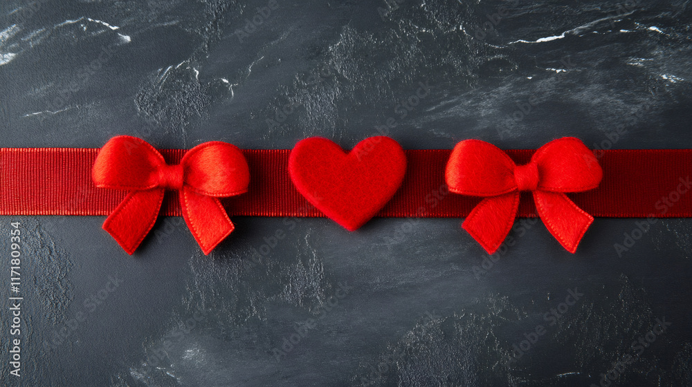 Poster Red ribbon with bows and heart shape creating a Valentine's Day composition on dark background