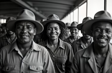 Fototapeta premium Caribbean people arriving in UK after war. Group of citizens on boat. Happy faces. Historical migration. Hopeful faces. Vintage photo. Old-fashioned. Retro style. Cultural exchange. Freedom. Hope.
