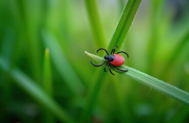 Fototapeta premium Closeup view of tick on blade of grass. Red tick with black parts. Macro photo of parasite in nature. Potential danger to animals. Summer scene. Ticks known disease carriers. Green grass background.