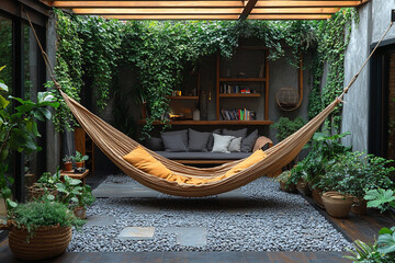 Fototapeta premium Serene Hammock Oasis in Lush Green Courtyard Garden