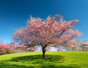 Fototapeta premium elegant blossom tree in full bloom with vibrant pink flowers against a clear blue sky surrounded by lush green grass on a bright sunny day
