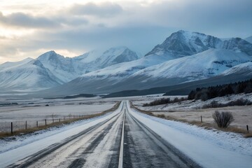 View of a road leading towards snowy mountains.