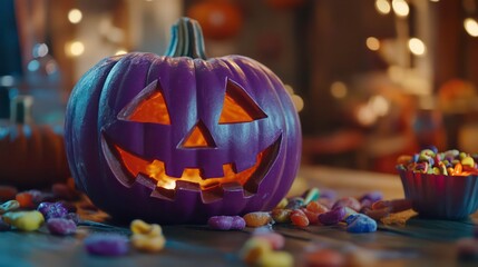 Purple Halloween pumpkin with carved face glows, surrounded by colorful candies on a wooden table, with bokeh lights in background.