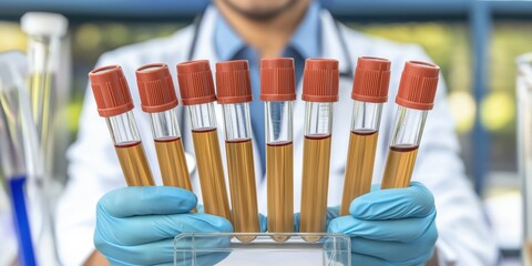 Researcher in modern hospital lab conducting blood analysis and preparing samples for testing