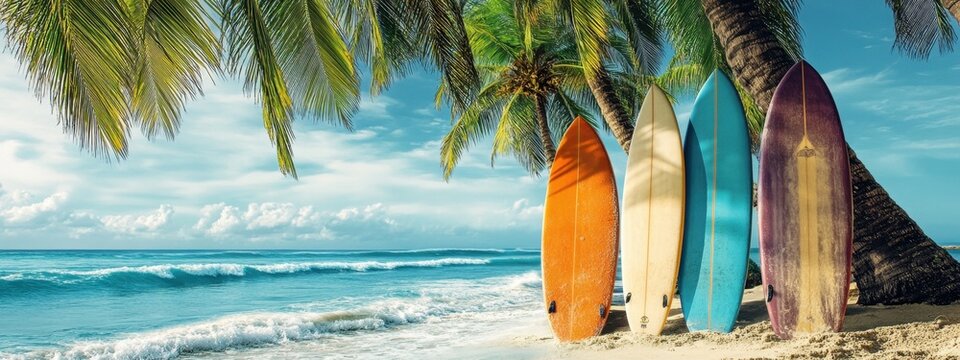 Vibrant surfboards resting by a palm tree on a tropical beach under a clear sky with gentle waves lapping at the shore