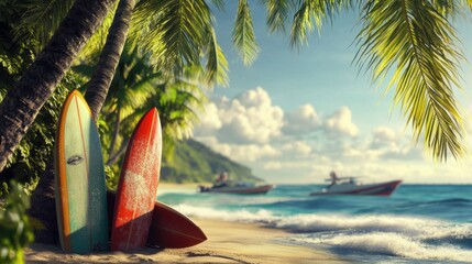 Boats on a tropical beach with surfboards in vibrant designs leaning against palm trees by the shore