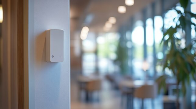 Modern building integrating intelligent lighting control system for optimizing energy efficiency and creating a sustainable workspace in a blurred office environment