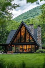 Discover a chic, contemporary cabin enveloped by vibrant greenery, set against a tranquil mountain backdrop that glows beautifully at dusk