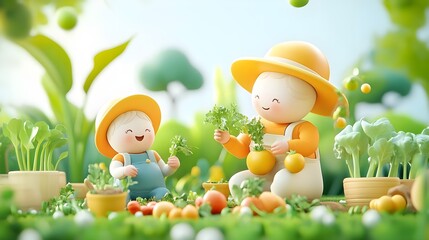 Obraz premium cute cartoon kids gardening vegetables - cute and kawaii characters