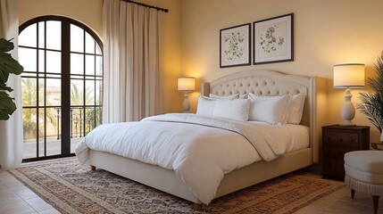 Elegant bedroom with arched window, plush bed, and oriental rug.