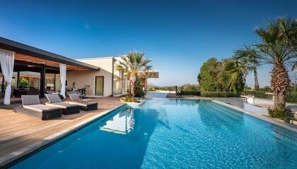 Fototapeta premium stunning poolside view of a high end resort exterior featuring luxurious surroundings and inviting atmosphere for relaxation and leisure