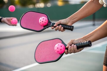 Hands holding pickleball paddles with pink balls