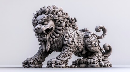 Intricate stone lion statue, 3D render, detailed carving, Asian art.