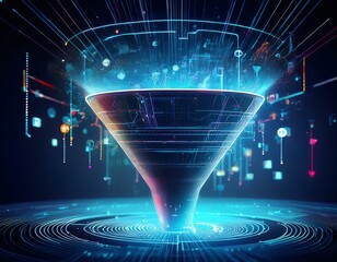 big data technology featuring an information funnel concept that illustrates the flow and processing of vast amounts of data into actionable insights