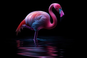 Obraz premium Close-up of a pink flamingo standing in dark reflective water. Wildlife photography for exotic and tropical themes