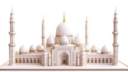 Obraz premium A detailed 3D render of a grand white mosque with multiple domes, minarets, and intricate architectural details, isolated on a white background.