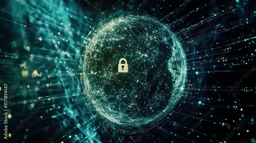 Poster Global network security, digital data protection, cyber safety concept with padlock on sphere.