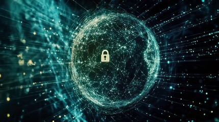 Global network security, digital data protection, cyber safety concept with padlock on sphere.