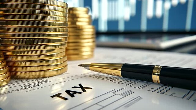 Golden coins marked with TAX neatly stacked in rows, with a pen and tax form in the foreground, symbolizing financial planning