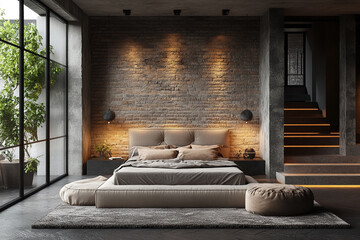 Modern Bedroom Design with Brick Wall and Large Window