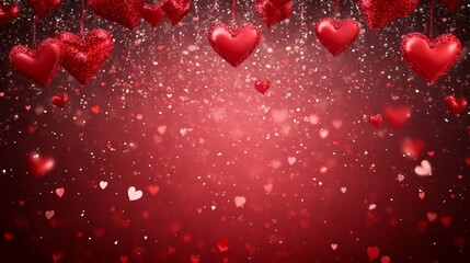 Obraz premium Glittering red hearts falling against sparkling pink gradient, symbolizing romantic Valentine's Day celebration