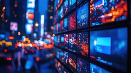 Obraz premium Urban Screens Illuminated at Night in Modern Cityscape, Highlighting Digitalization and Energy Consumption, Environment Protection Concept