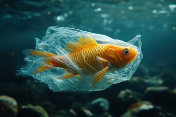 Naklejka premium Fish Trapped in Plastic Underwater, Highlighting Marine Pollution and Environmental Impact, ocean protection concept