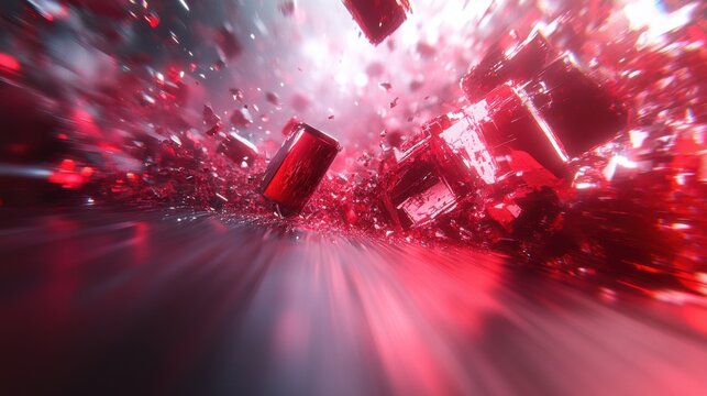 Explosive energy of shattered red glass fragments in motion, reflecting environmental change concept