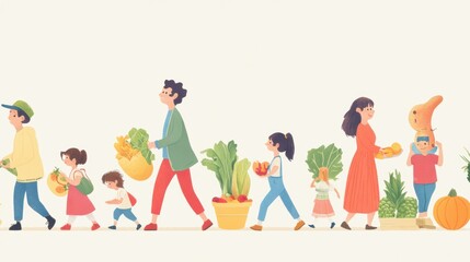 a group of people walking through a line of vegetables