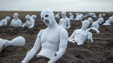 Obraz premium Broken white mannequins scattered in a barren field, symbolizing environmental destruction, abandoned figures in nature concept