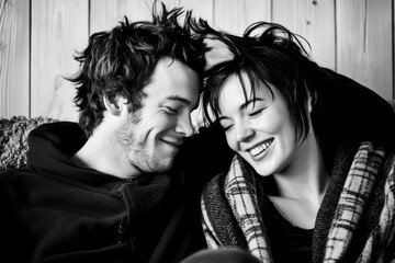 Fototapeta premium Young caucasian couple smiling and relaxing together in black and white