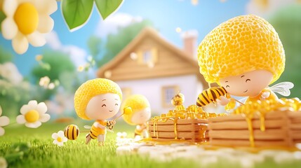 cute honeybee characters harvesting honey - cute characters