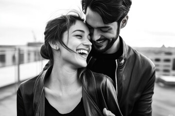 Young caucasian couple embracing and smiling outdoors in black and white